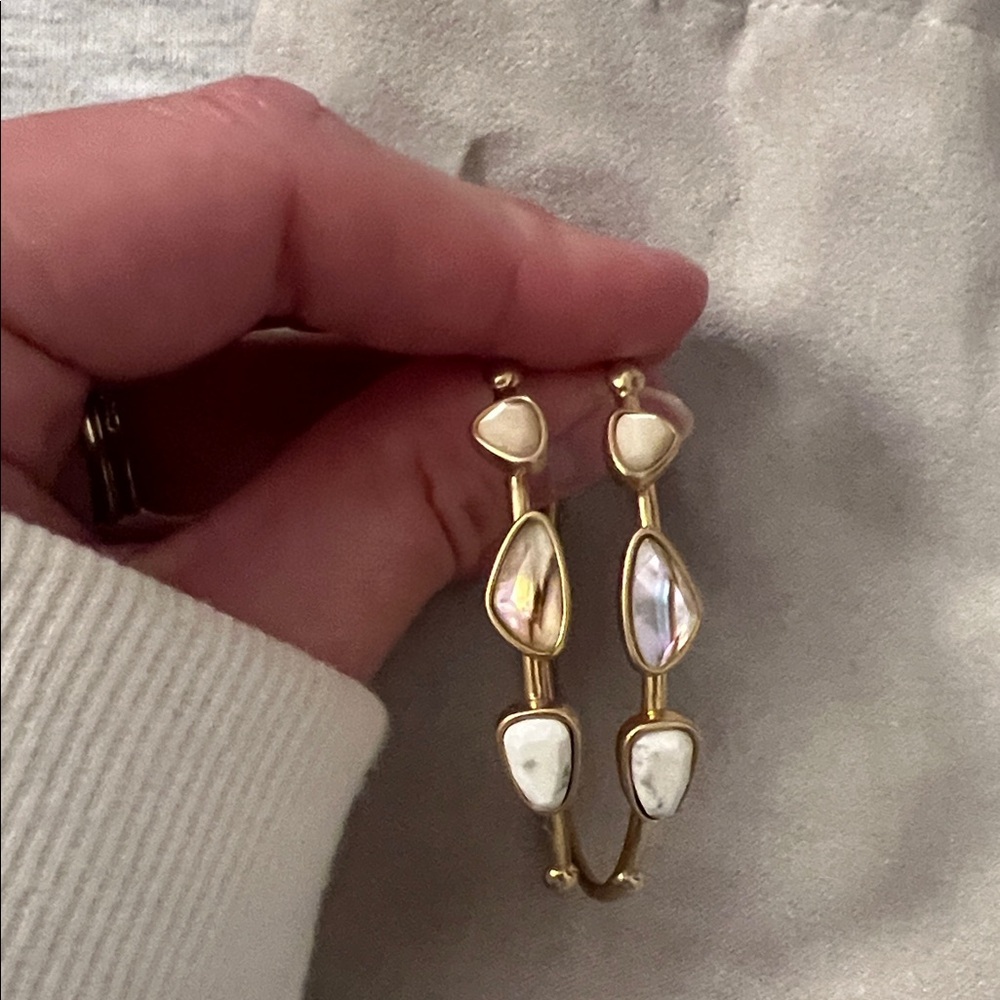 Gold-Tone Stone Accent Hoop Earrings - White and Iridescent - Picture 2 of 4